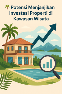 Ilustrasi digital bergaya flat design menampilkan villa tropis dengan kolam renang, latar belakang pegunungan dan laut, serta grafik panah naik dan ikon kaca pembesar berisi grafik batang—melambangkan pertumbuhan investasi properti di kawasan wisata.